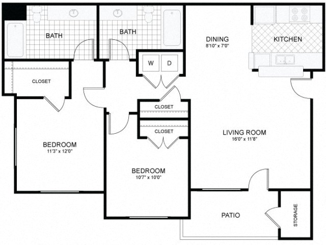 Floor plan for 2 beds, 2 baths, 1014 sqft